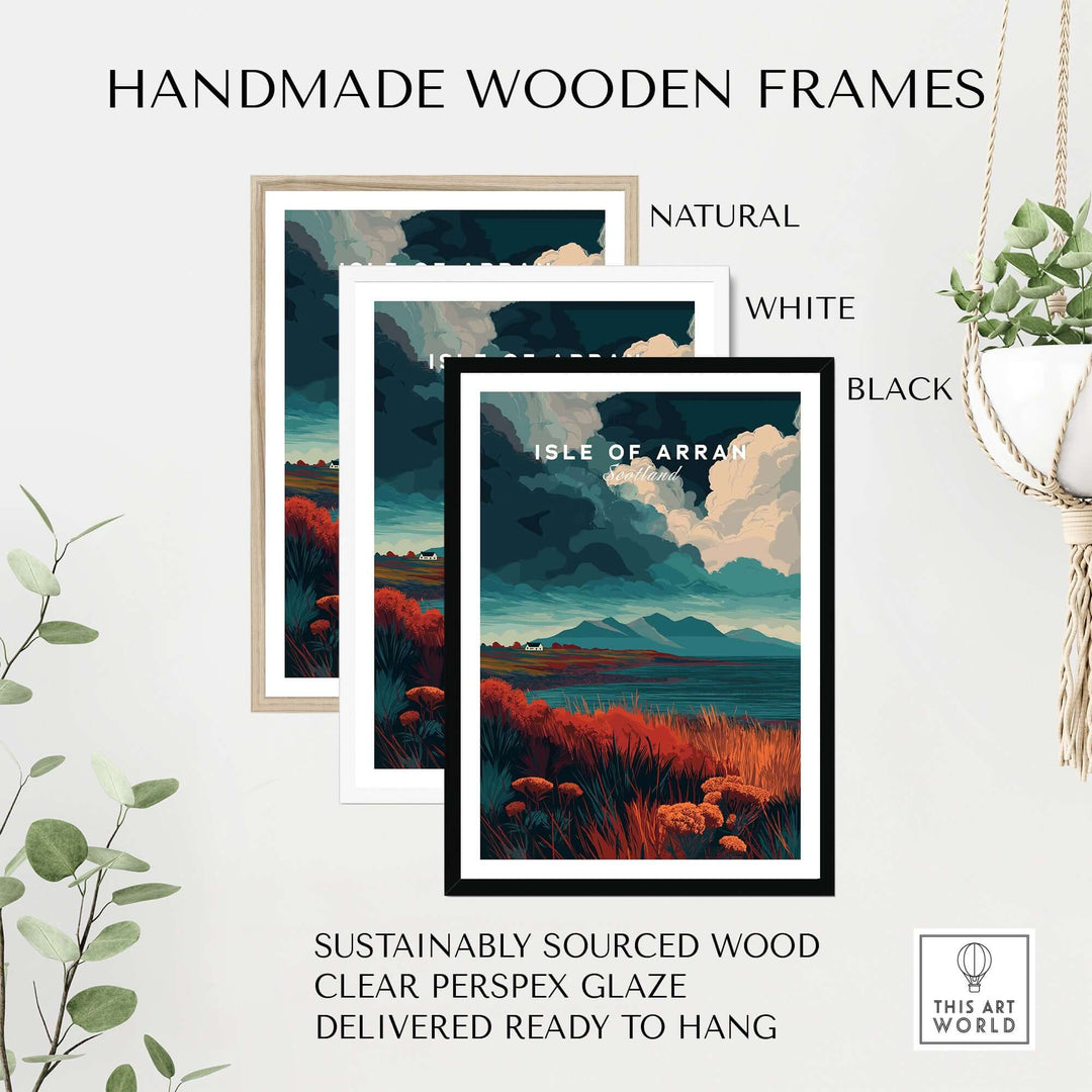 Handmade wooden frames in natural, white, and black for Isle of Arran wall art, sustainably sourced and ready to hang.