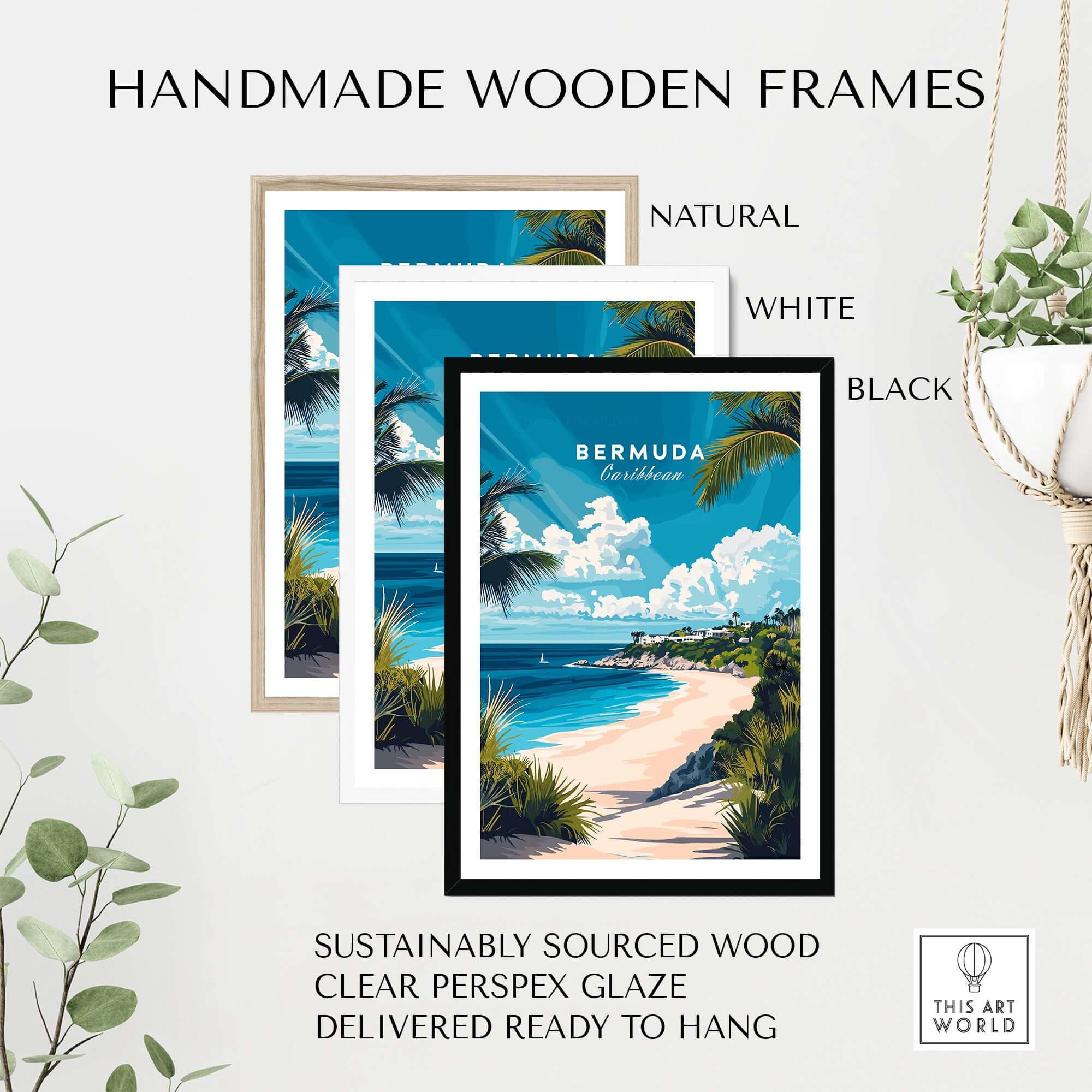 Handmade wooden frames for Bermuda Wall Art in natural, white, and black finishes, designed to enhance your decor.