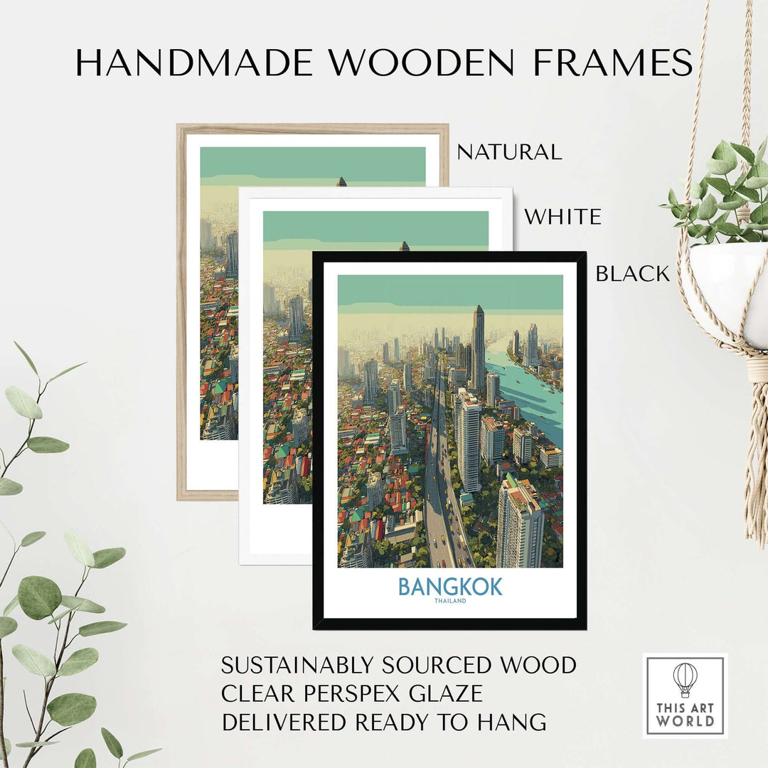 Handmade wooden frames in natural, white, and black for Bangkok cityscape wall art. Sustainably sourced, ready to hang.
