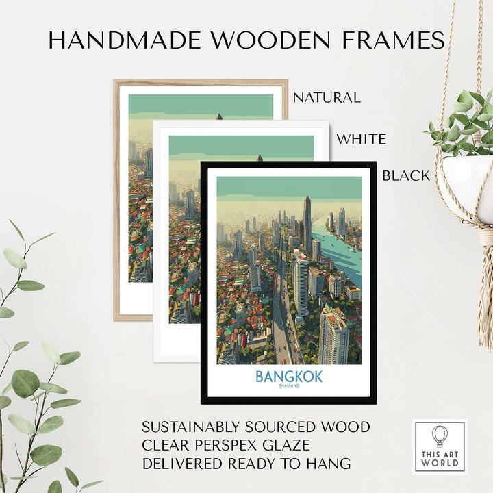 Handmade wooden frames in natural, white, and black for Bangkok cityscape wall art. Sustainably sourced, ready to hang.