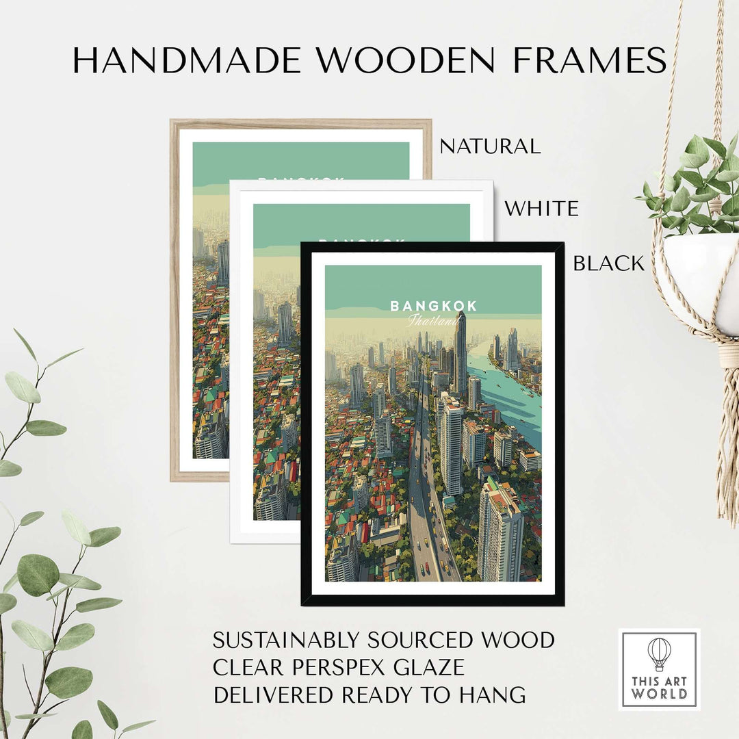 Handmade wooden frames in natural, white, and black colors for Bangkok city skyline poster.