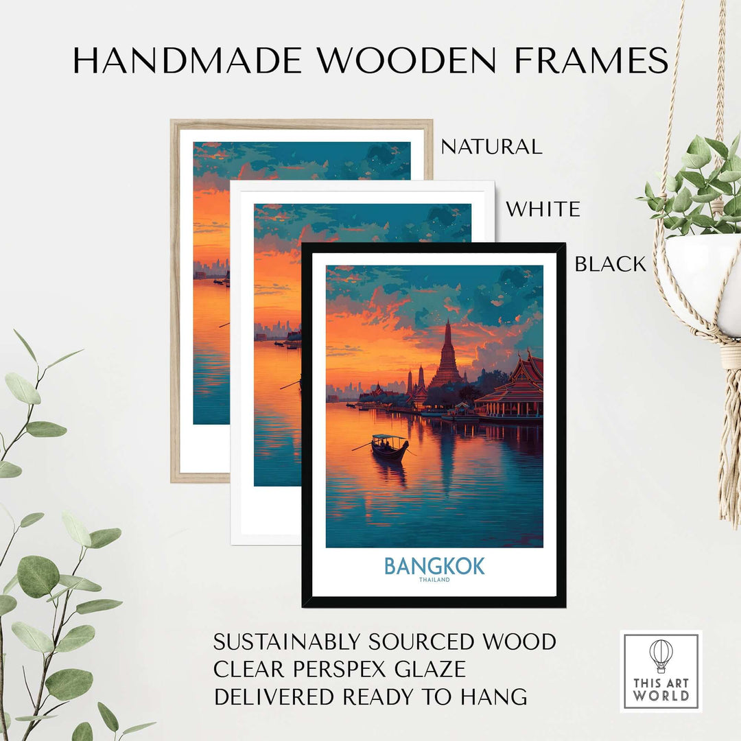 Handmade wooden frames in natural, white, and black, showcasing Bangkok riverboat sunset poster.