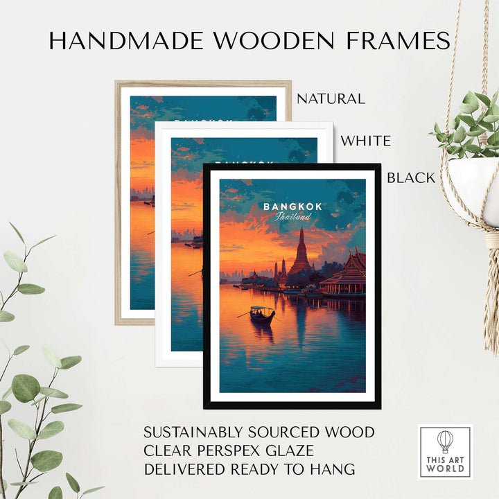 Handmade wooden frames in natural, white, and black for Bangkok sunset print, made with sustainable materials.