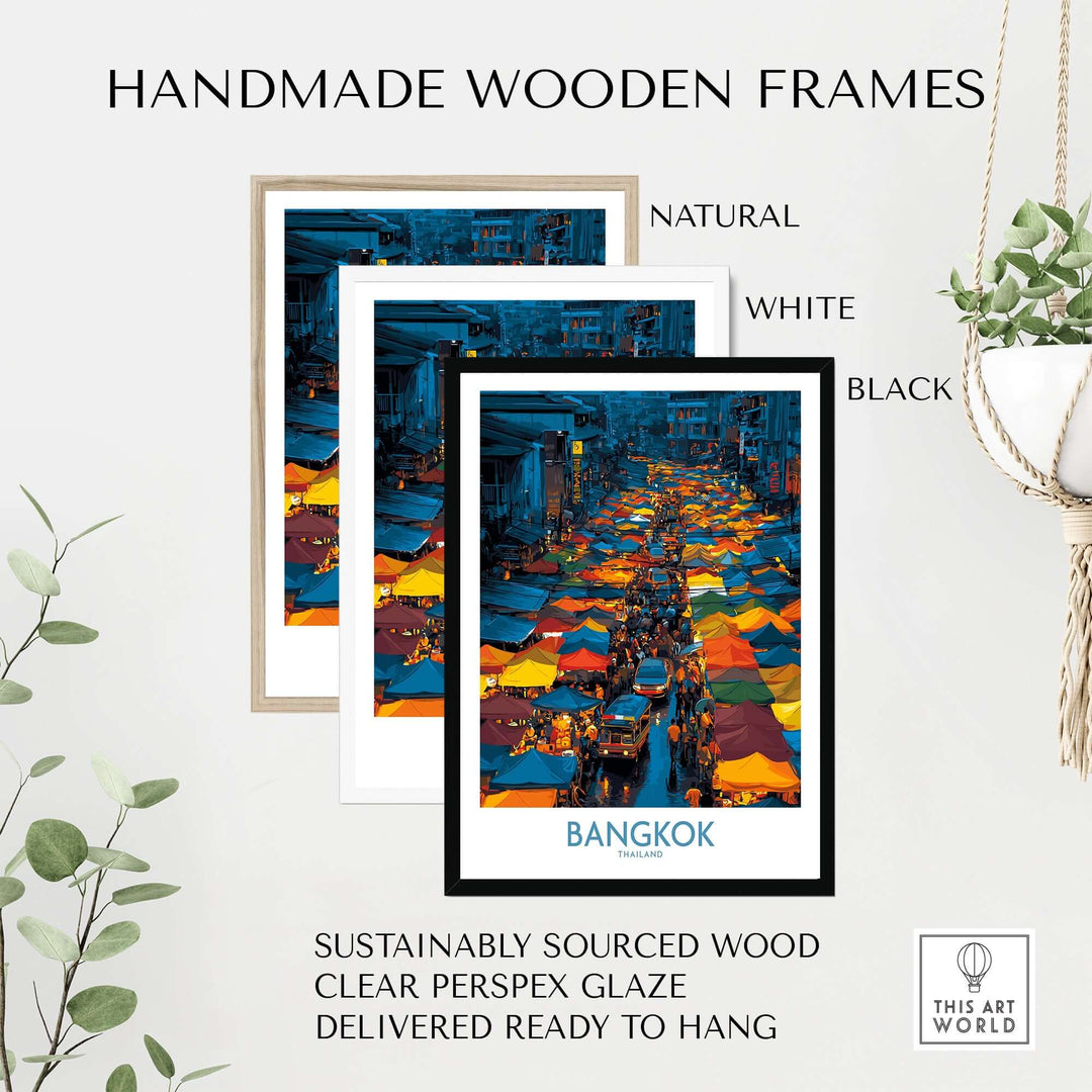 Handmade wooden frames for Bangkok market vendors wall art in natural, white, and black options.