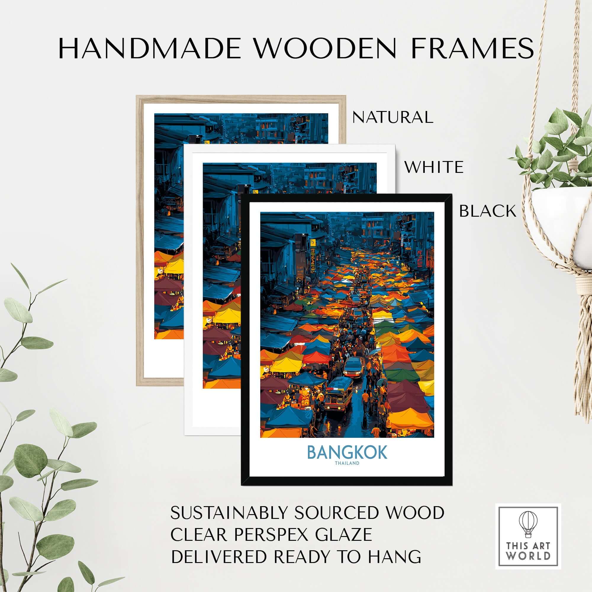 Bangkok Thailand Market Vendors Wall Art - Cultural Travel Print displayed in handmade wooden frames.