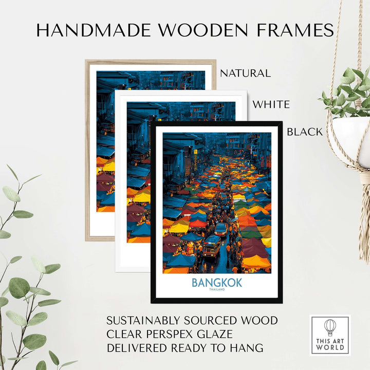 Handmade wooden frames for Bangkok market vendors wall art in natural, white, and black options.