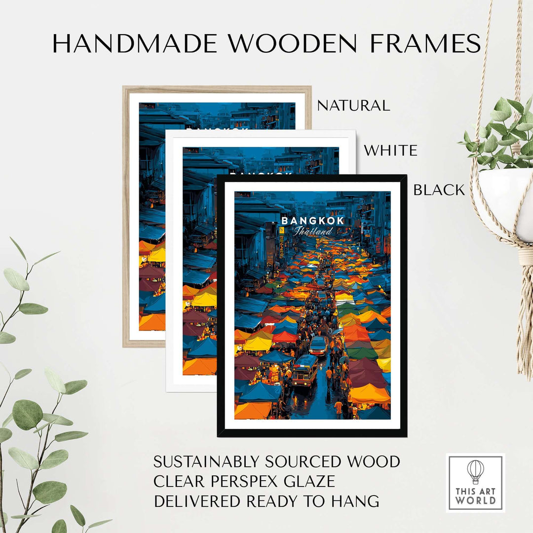 Handmade wooden frames in natural, white, and black for Bangkok night market poster, ready to hang.