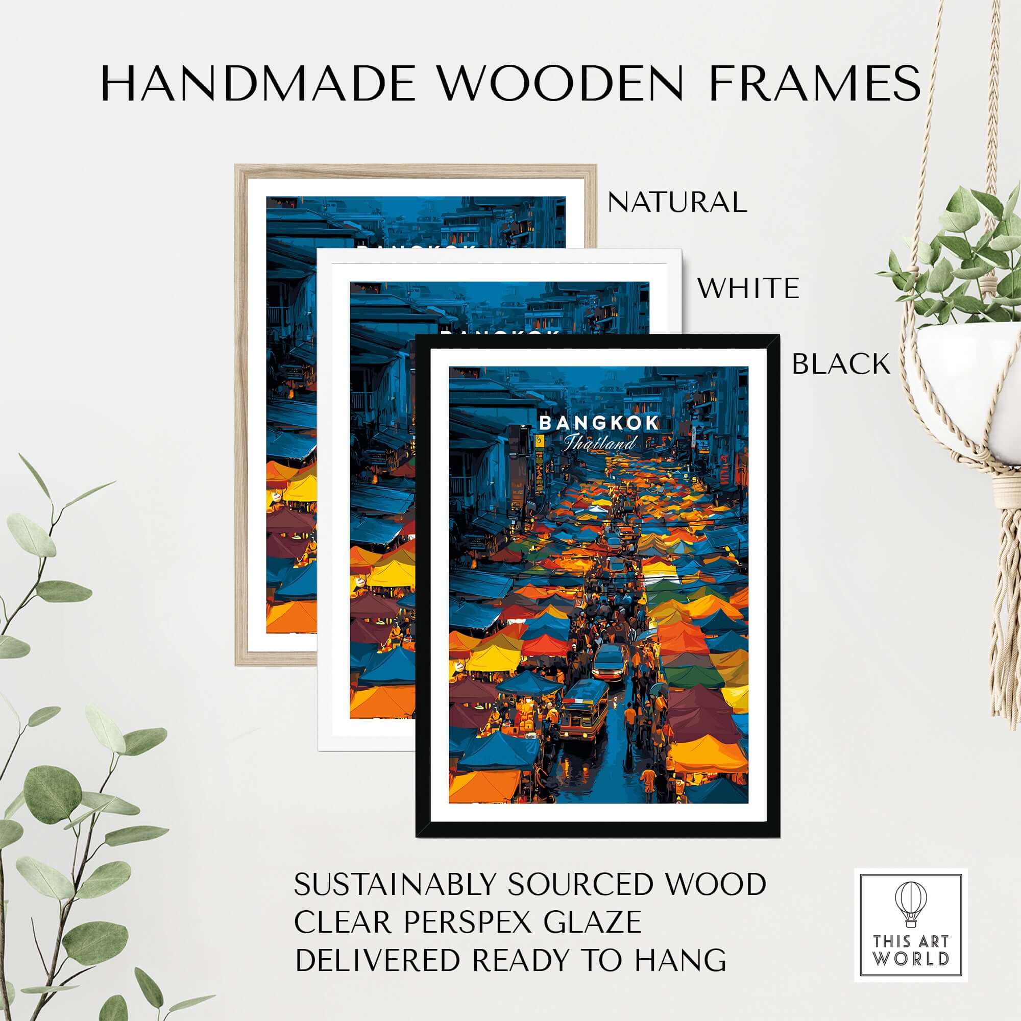 Bangkok Thailand Night Market Overhead Poster - Bustling Street Scene Print in handmade wooden frames