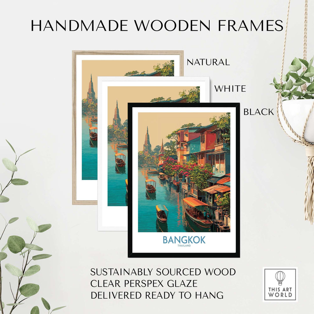 Handmade wooden frames in natural, white, and black colors for Bangkok floating market travel print.