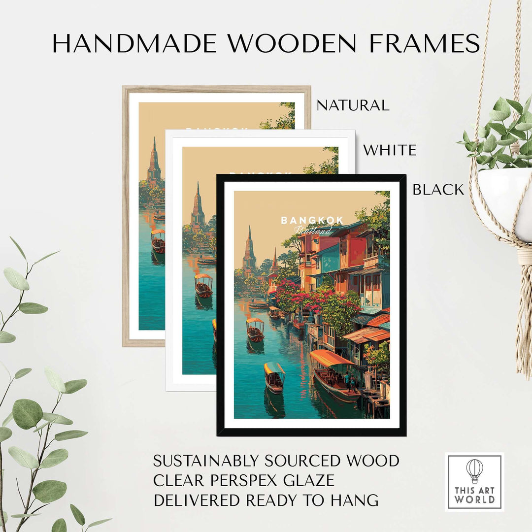 Handmade wooden frames in natural, white, and black for Bangkok canal houses print, made from sustainably sourced wood.