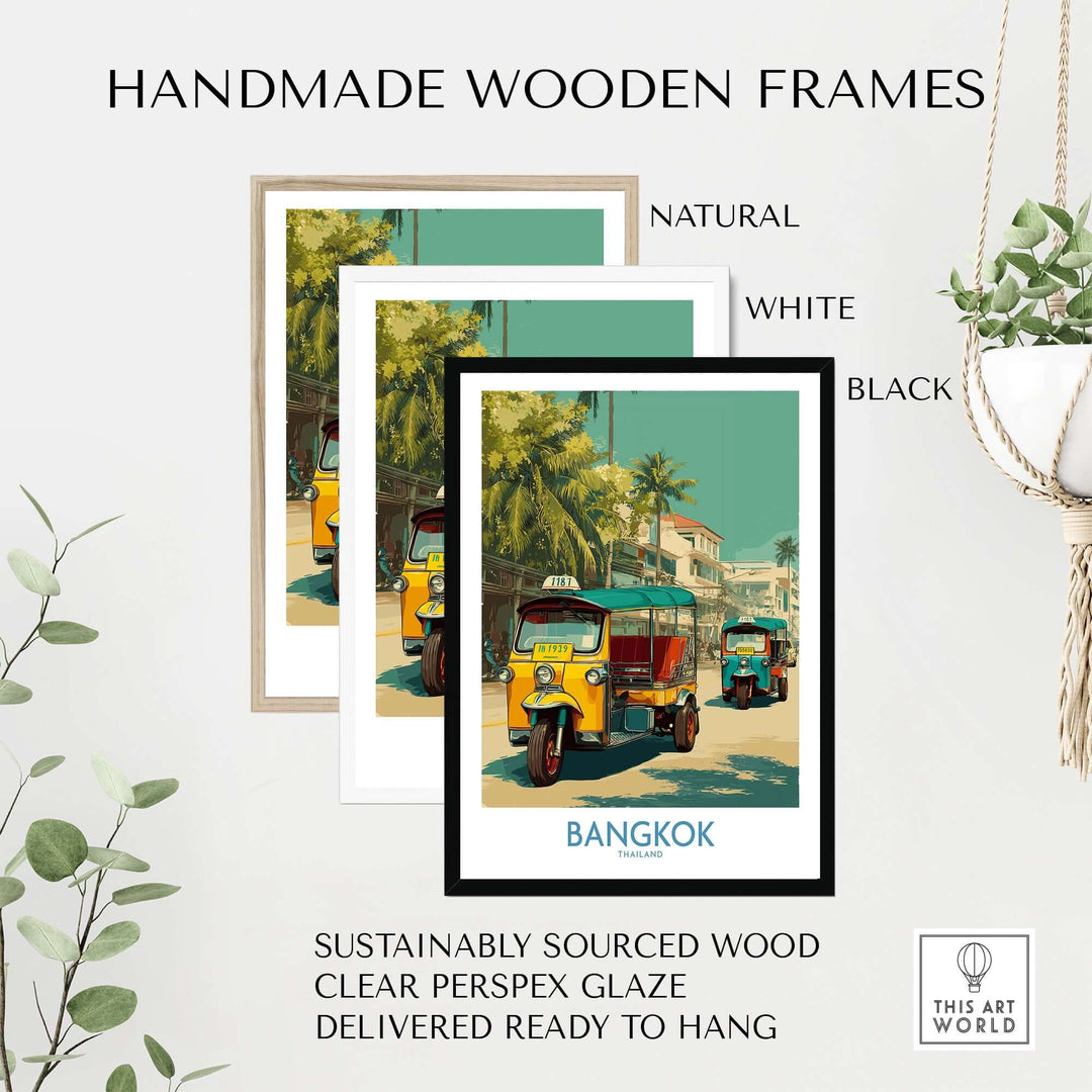 Bangkok tuk tuk print displayed in handmade wooden frames in natural, white, and black options.