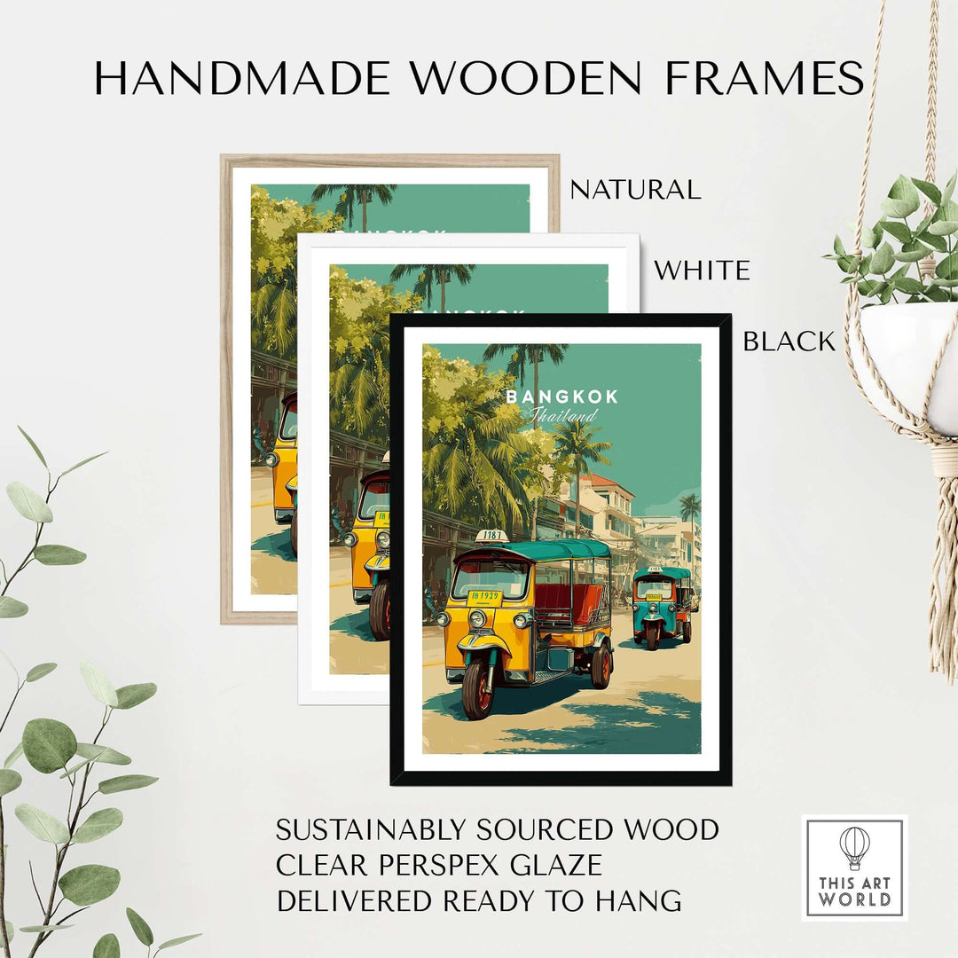 Handmade wooden frames in natural, white, and black for Bangkok tuk tuk city street poster, ready to hang.