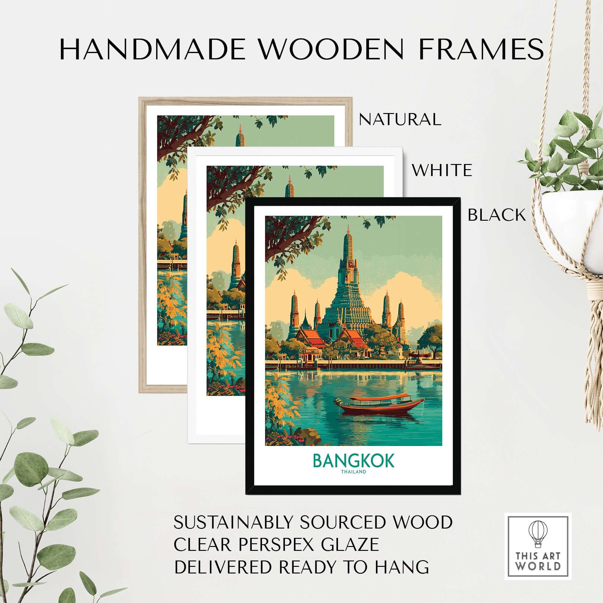 Bangkok Wall Art Thailand Temple Poster - Travel Print featuring handmade wooden frames in natural, white, and black.