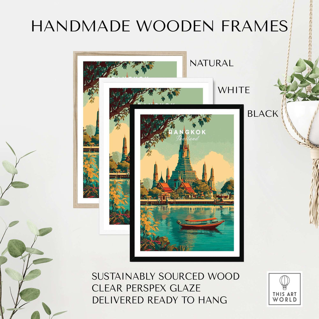 Handmade wooden frames in natural, white, and black for Bangkok poster art, featuring sustainably sourced wood.