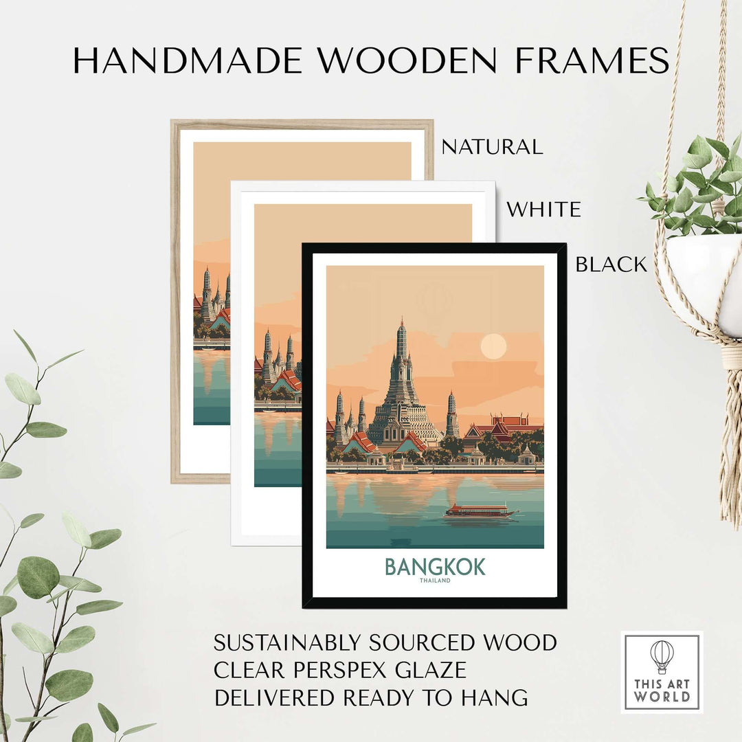 Handmade wooden frames in natural, white, and black for Bangkok temple art prints, sustainably sourced, ready to hang.