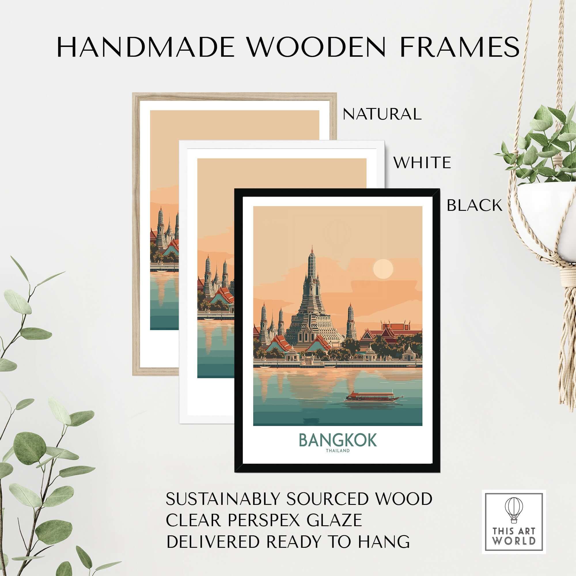 Bangkok Poster Thailand Temple of Dawn - Historic Thai Landmark Print with handmade wooden frames in natural, white, and black.