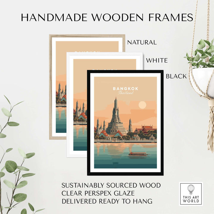 Handmade wooden frames in natural, white, and black for Bangkok wall art, sustainably sourced and ready to hang.