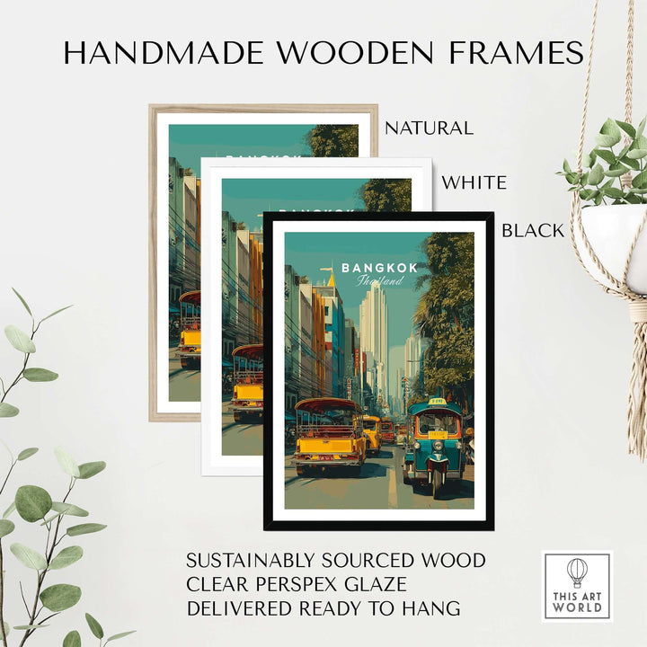 Handmade wooden frames in natural, white, and black for Bangkok tuk tuk street scene poster.