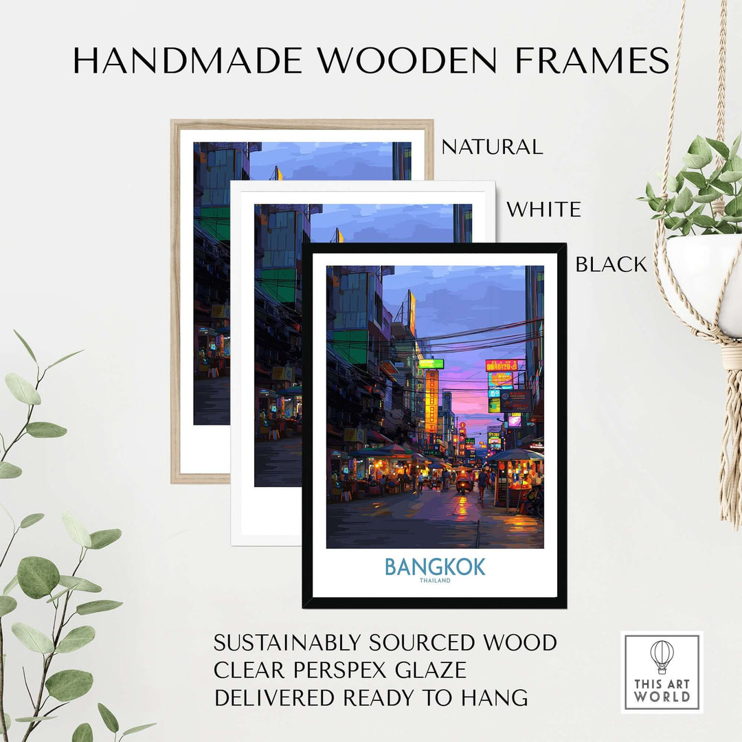 Handmade wooden frames in natural, white, and black for Bangkok neon lights artwork, ready to hang.