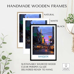 Bangkok Thailand Neon Lights Wall Art - Thai Artwork framed in natural, white, and black handmade wooden frames.