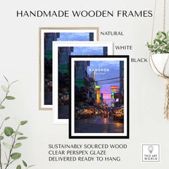 Bangkok Thailand Print Night Market Street -Thai Cityscape Poster displayed in handmade wooden frames in natural, white, and black.