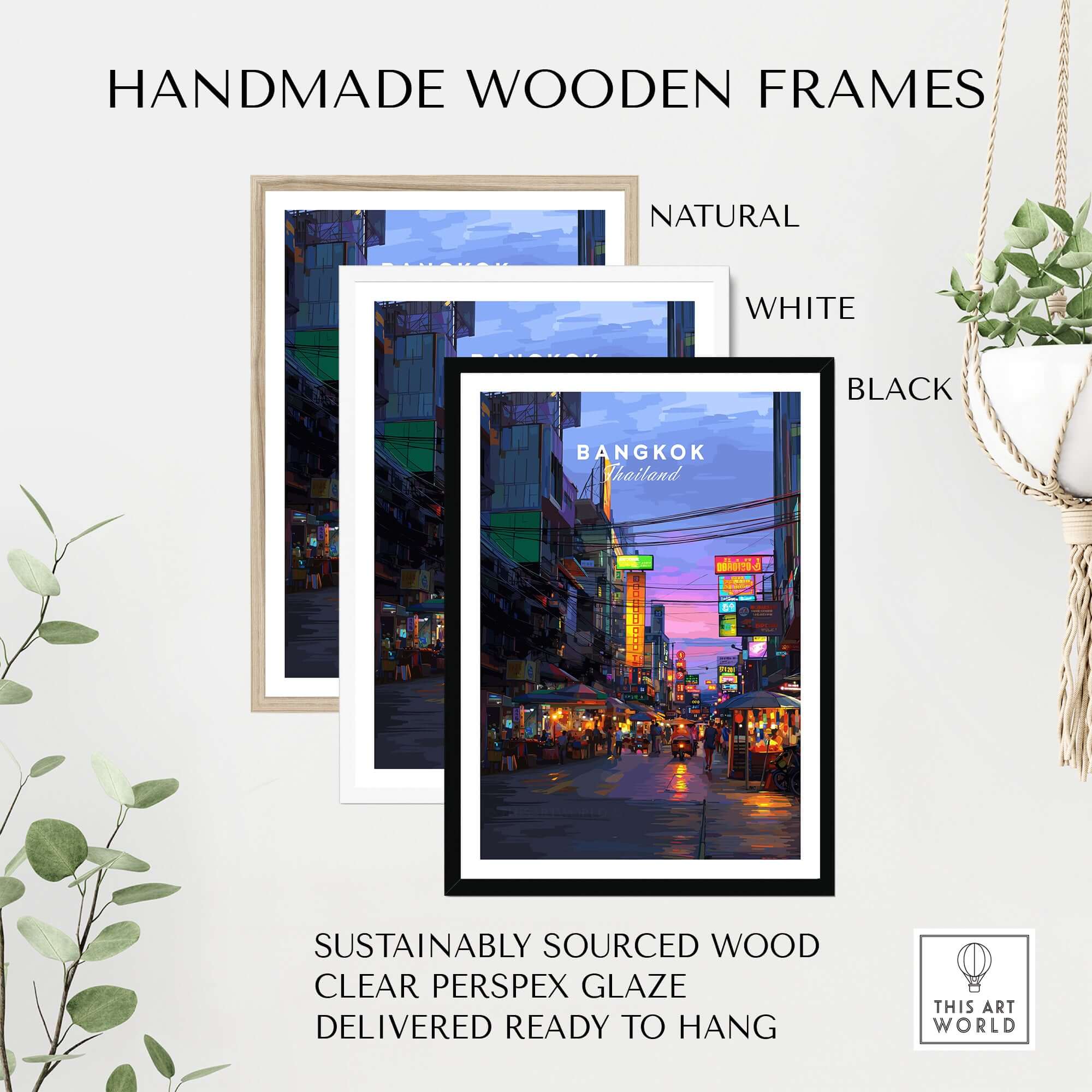 Bangkok Thailand Print Night Market Street -Thai Cityscape Poster displayed in handmade wooden frames in natural, white, and black.