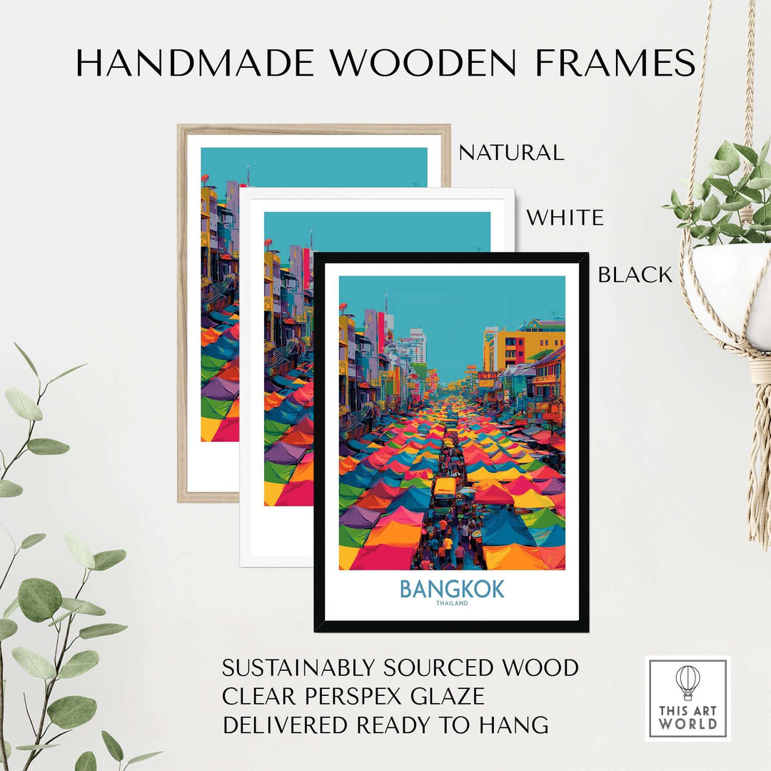 Colorful Bangkok market poster in handmade wooden frames - natural, white, and black options.
