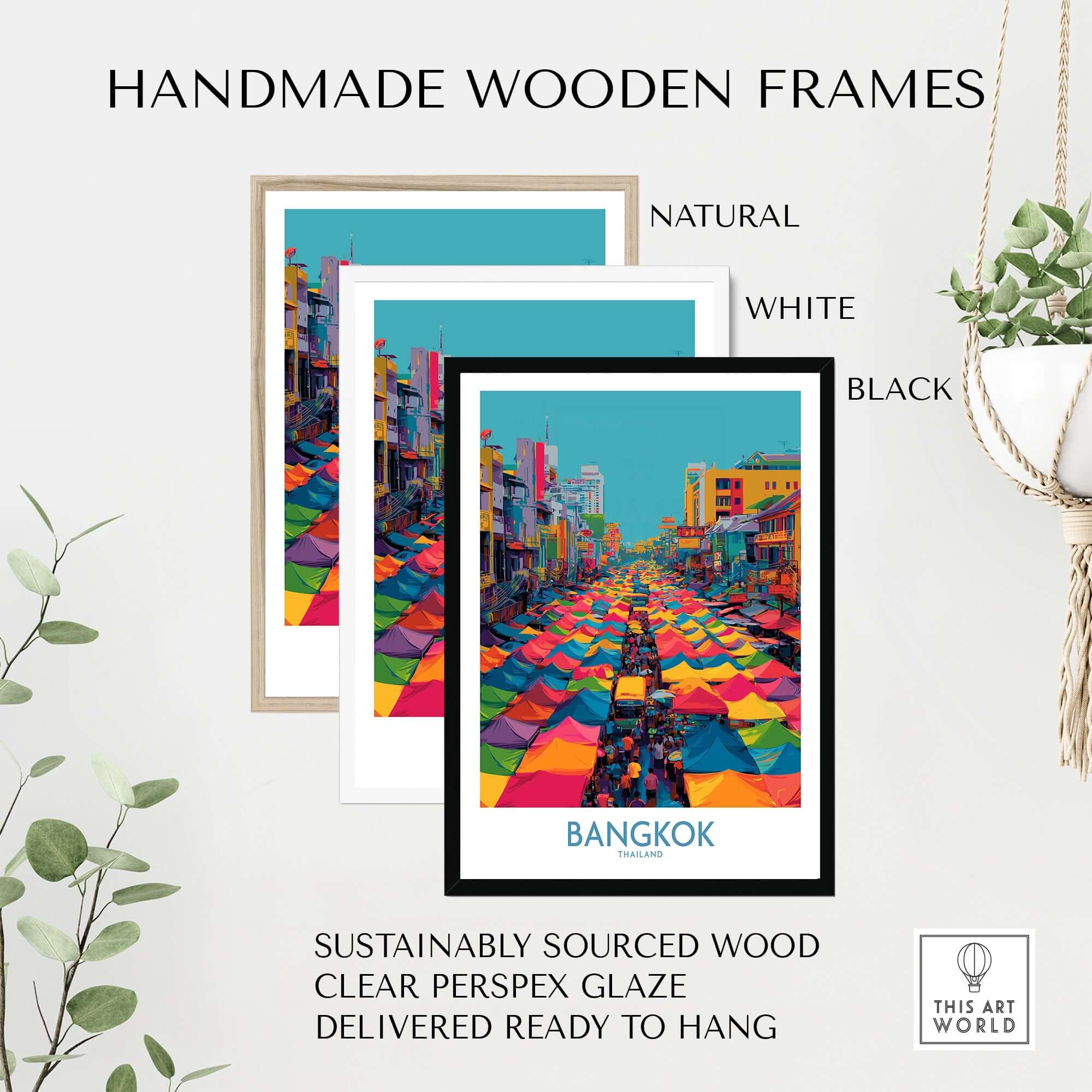 Bangkok Thailand Wall Art - Thai Market Poster Illustration with handmade wooden frames in natural, white, and black.