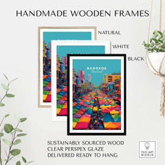 Bangkok Thailand Poster Colorful Market Tents - Vibrant Street Market Print framed in natural, white, and black handmade wooden frames.