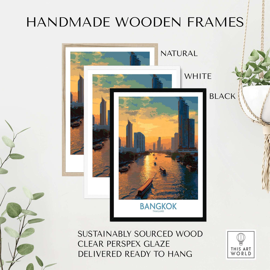 Handmade wooden frames in natural, white, and black for Bangkok cityscape wall art, ready to hang.