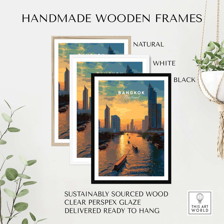 Handmade wooden frames in natural, white, and black for Bangkok sunset skyline print, ready to hang.