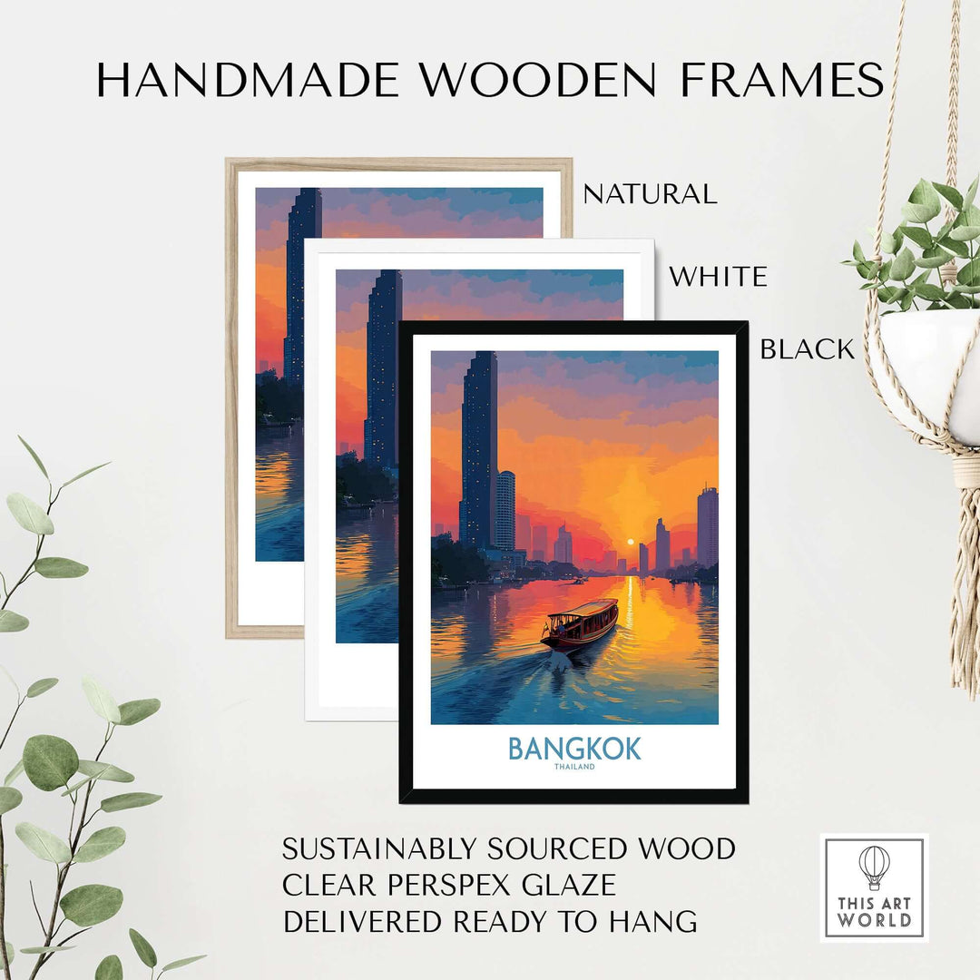 Handmade wooden frames in natural, white, and black for Bangkok wall art, featuring a serene river scene and sustainable materials.