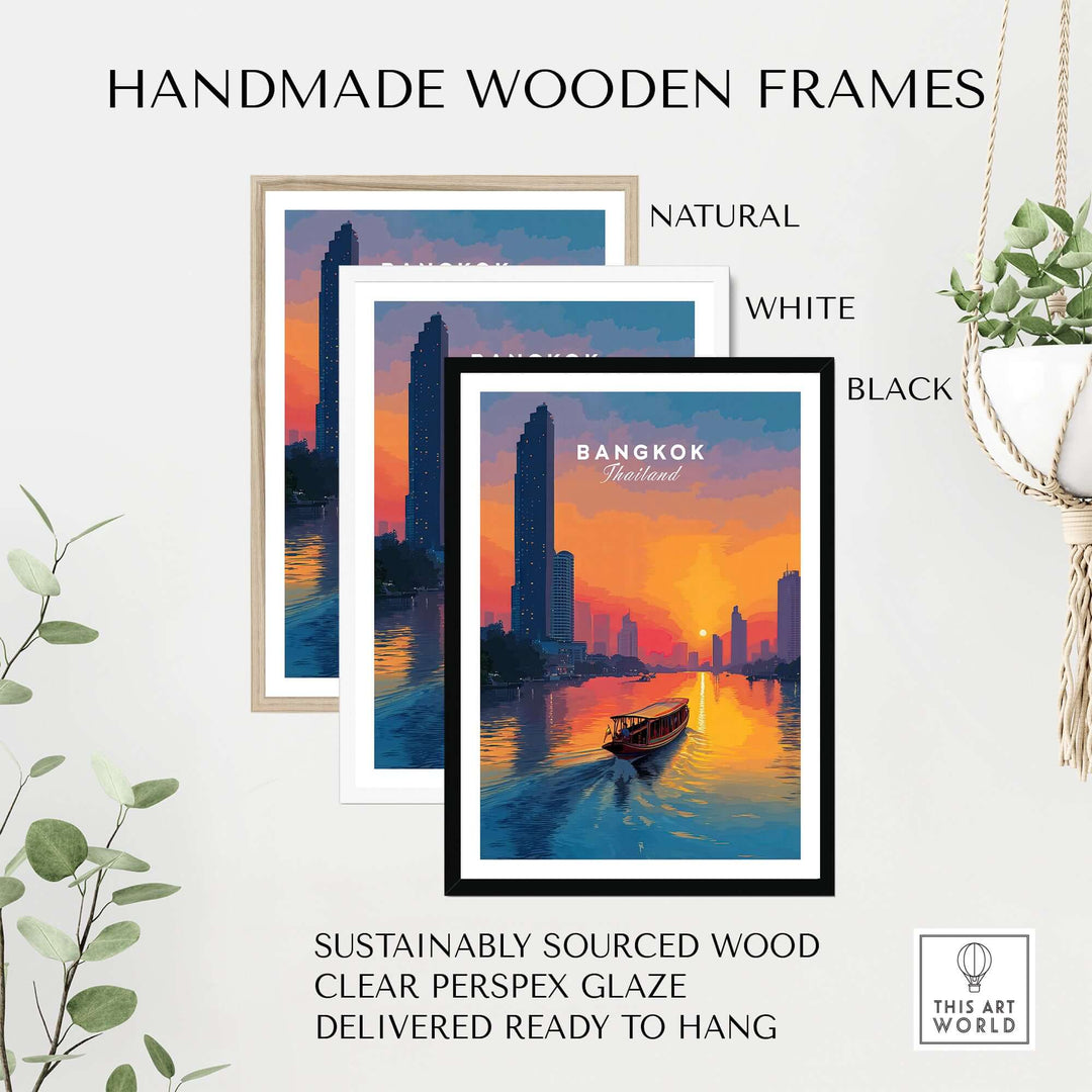 Handmade wooden frames in natural, white, and black for Bangkok sunset poster with clear glaze.