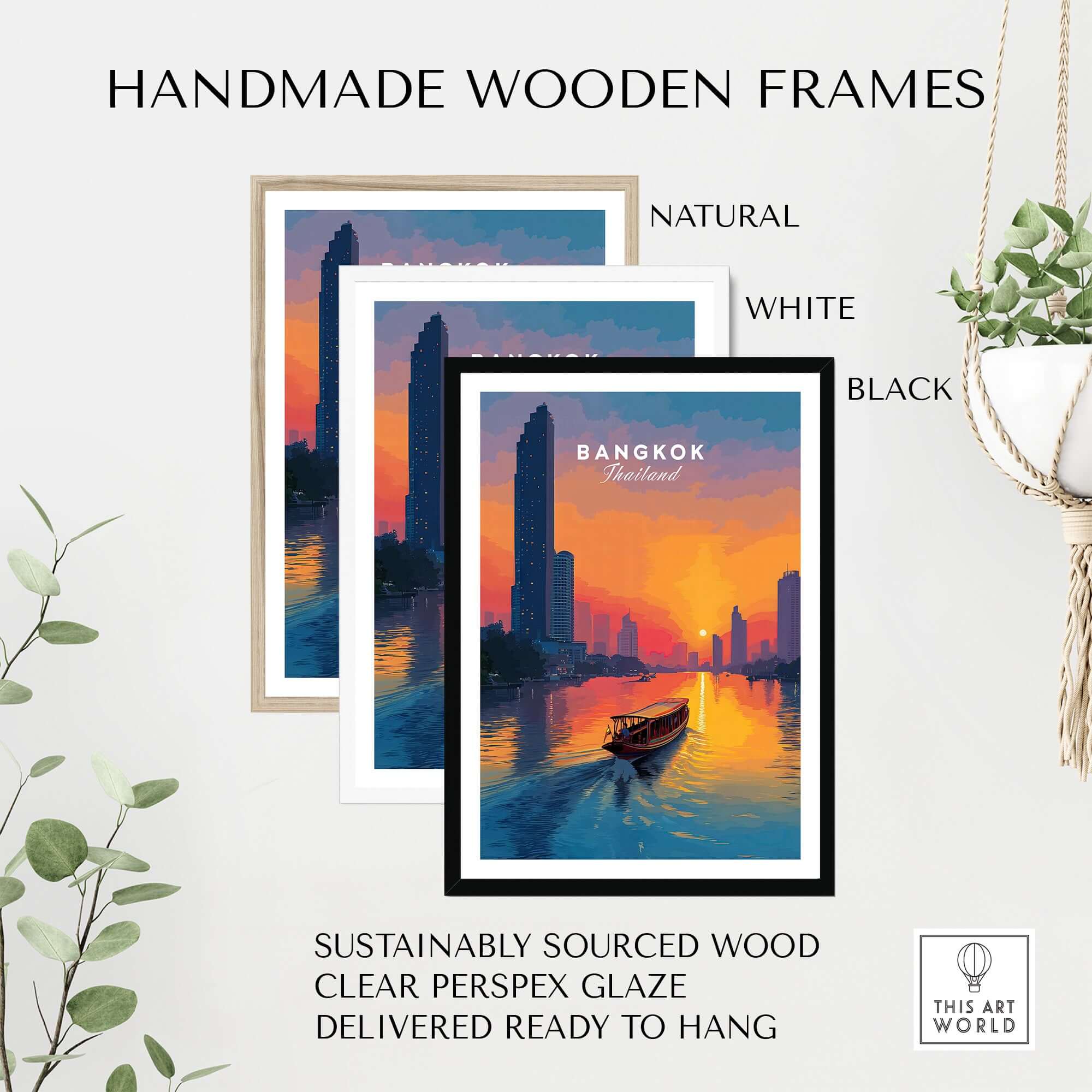 Handmade wooden frames in natural, white, and black for Bangkok Sunset Poster Thailand Longtail Boat - River City Skyline Print.