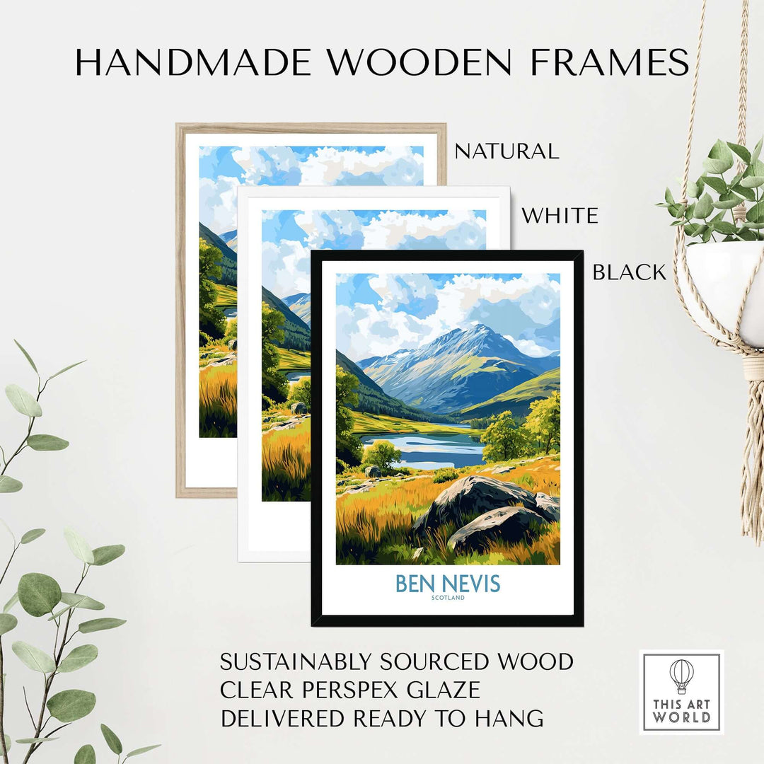 Handmade wooden frames in natural, white, and black for Ben Nevis poster, showcasing sustainable design and ready to hang.