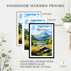 Handmade wooden frames in natural, white, and black for Ben Nevis Scotland Mountain Lake Landscape Print - Scottish Highlands Wall Art.