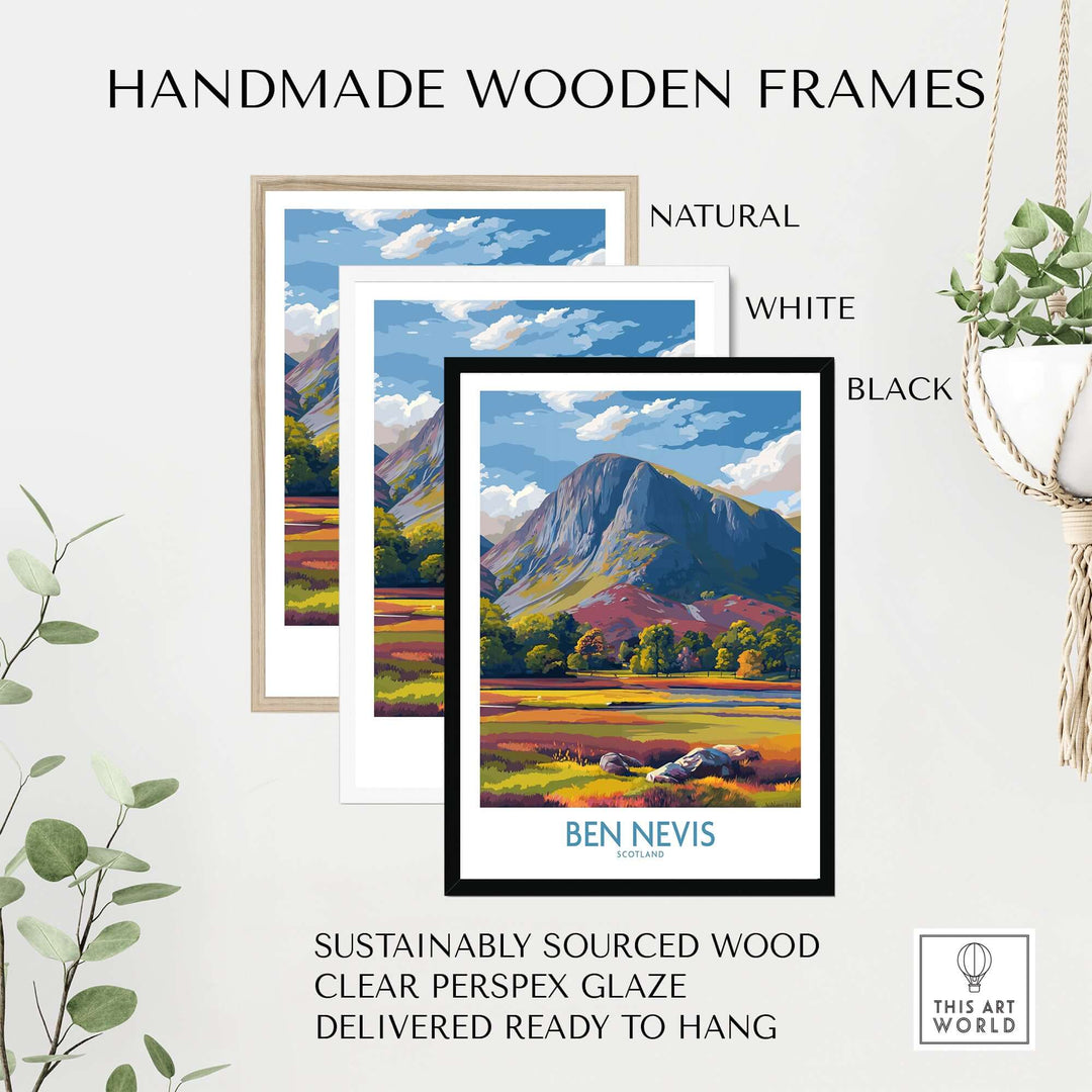 Handmade wooden frames in natural, white, and black for Ben Nevis wall art, showcasing sustainable materials and elegant design.