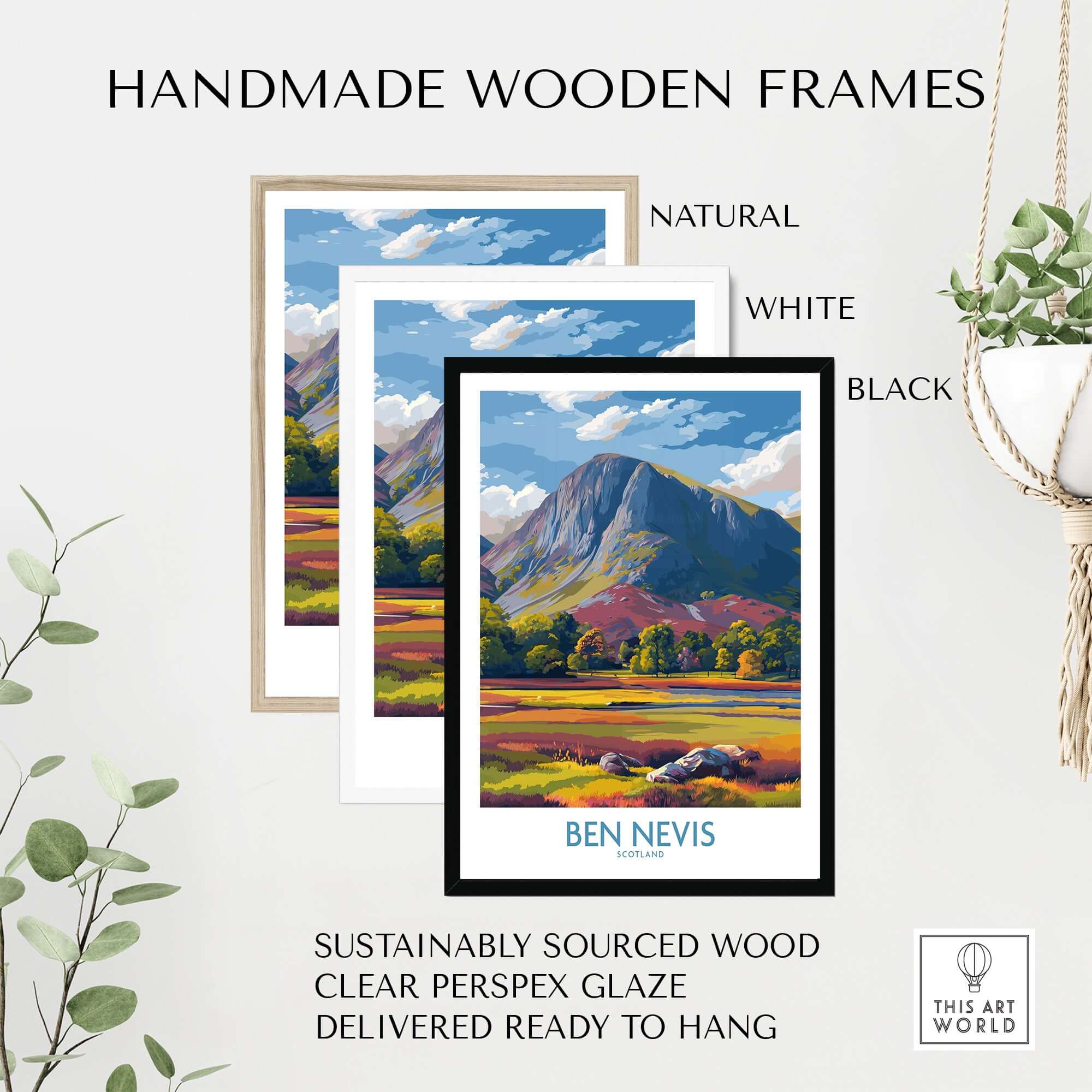 Ben Nevis Wall Art Scotland Highland Landscape - Autumn Foliage Travel Decor displayed in handmade wooden frames.