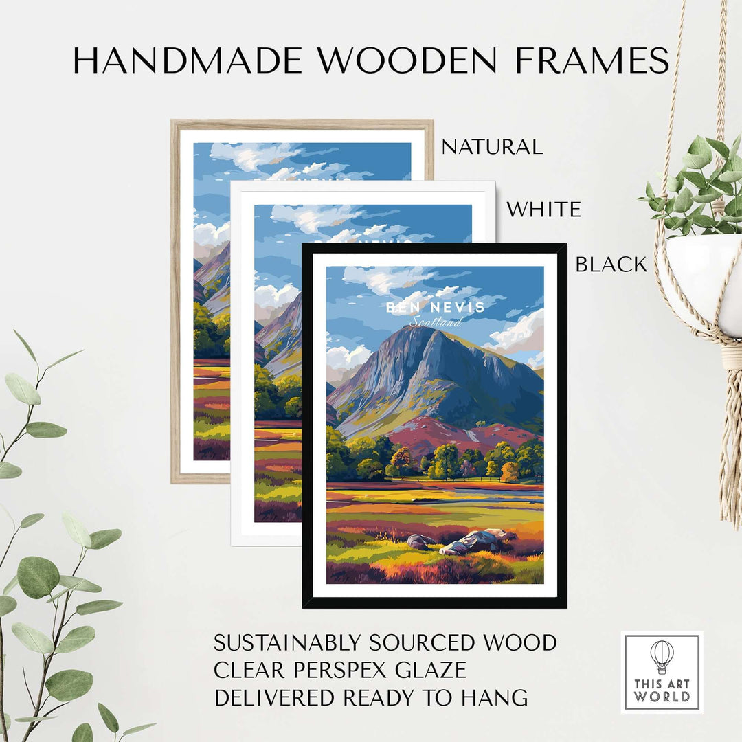 Handmade wooden frames in natural, white, and black colors for Ben Nevis vibrant landscape poster.