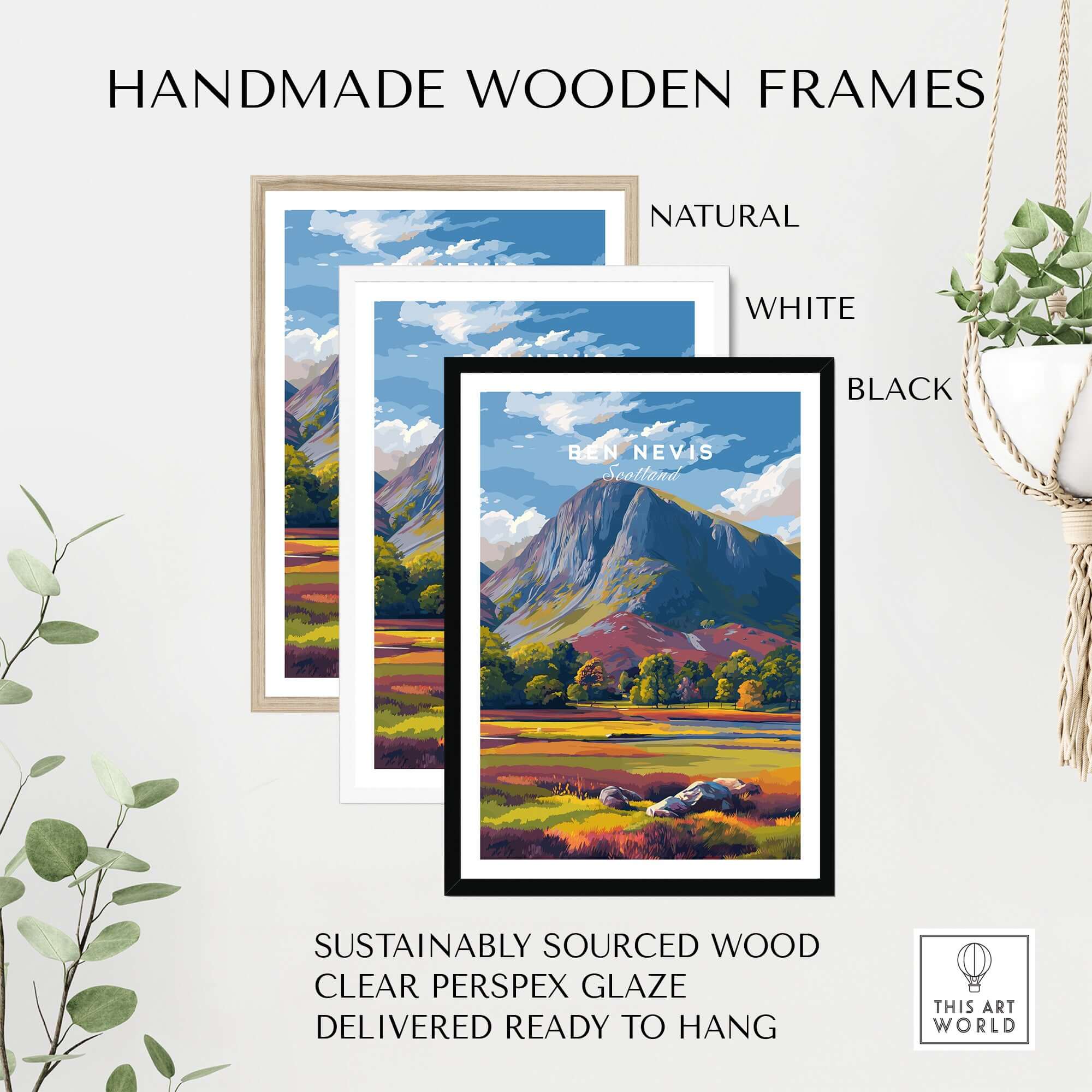 Ben Nevis Print Scotland Colorful Valley - Vibrant Mountain Scenery Poster displayed in handmade wooden frames.