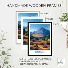 Ben Nevis Scotland Print Heather Fields Landscape - Scottish Peaks Illustration with handmade wooden frames.