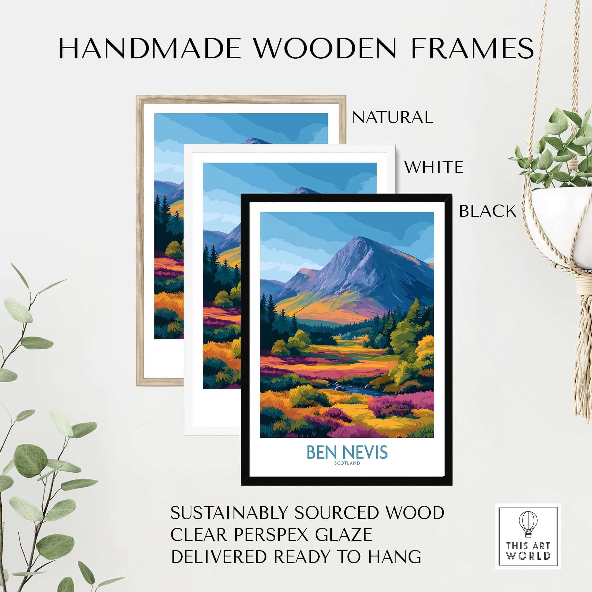 Ben Nevis Scotland Print Heather Fields Landscape - Scottish Peaks Illustration with handmade wooden frames.