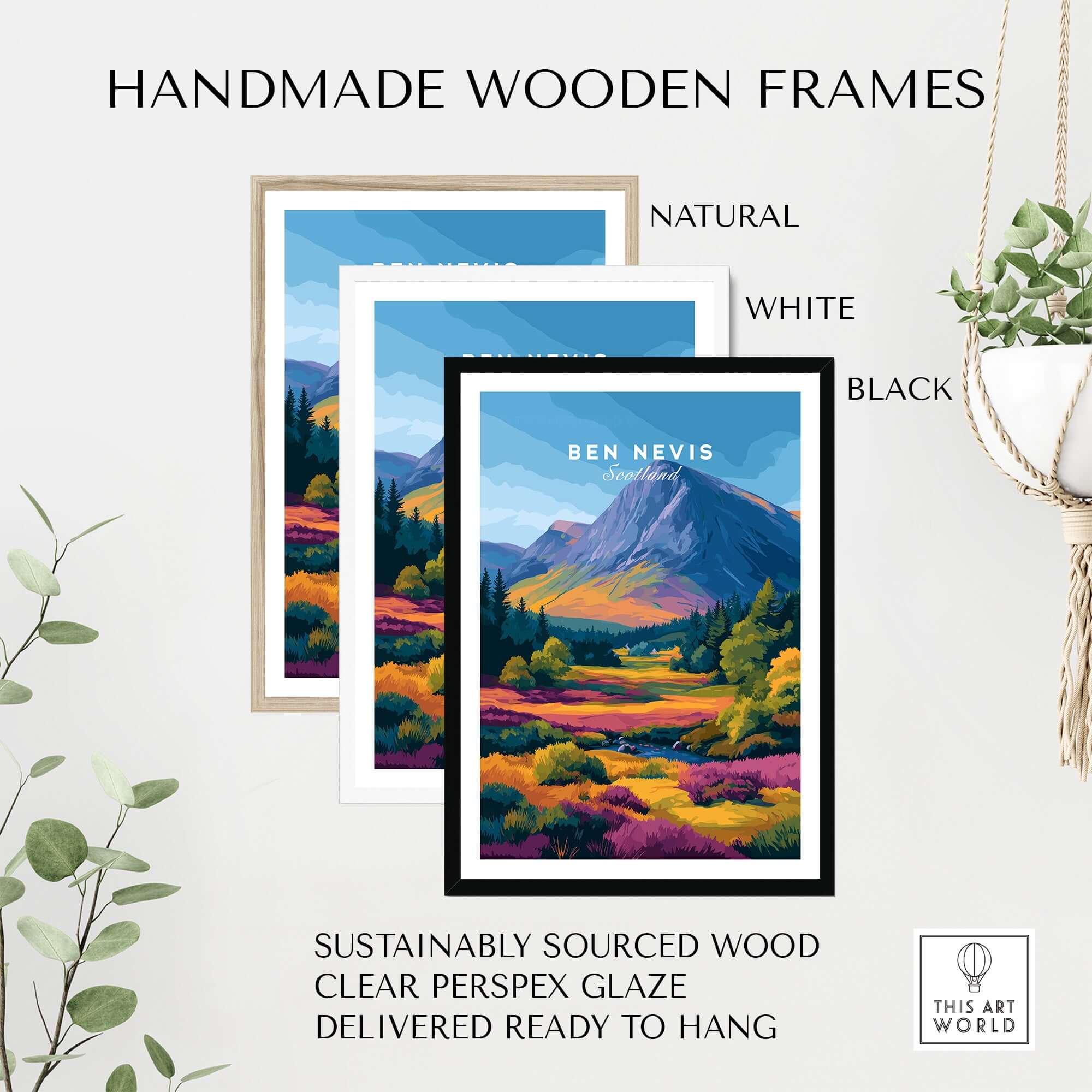 Ben Nevis Scotland Poster Autumn Mountain View - Fall Colors Wall Art in handmade wooden frames.