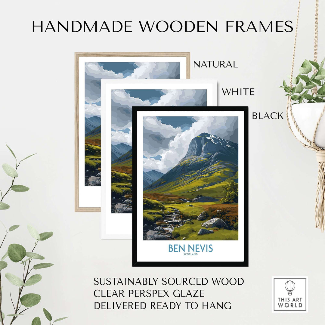 Handmade wooden frames in natural, white, and black for Ben Nevis wall art, sustainably sourced and ready to hang.