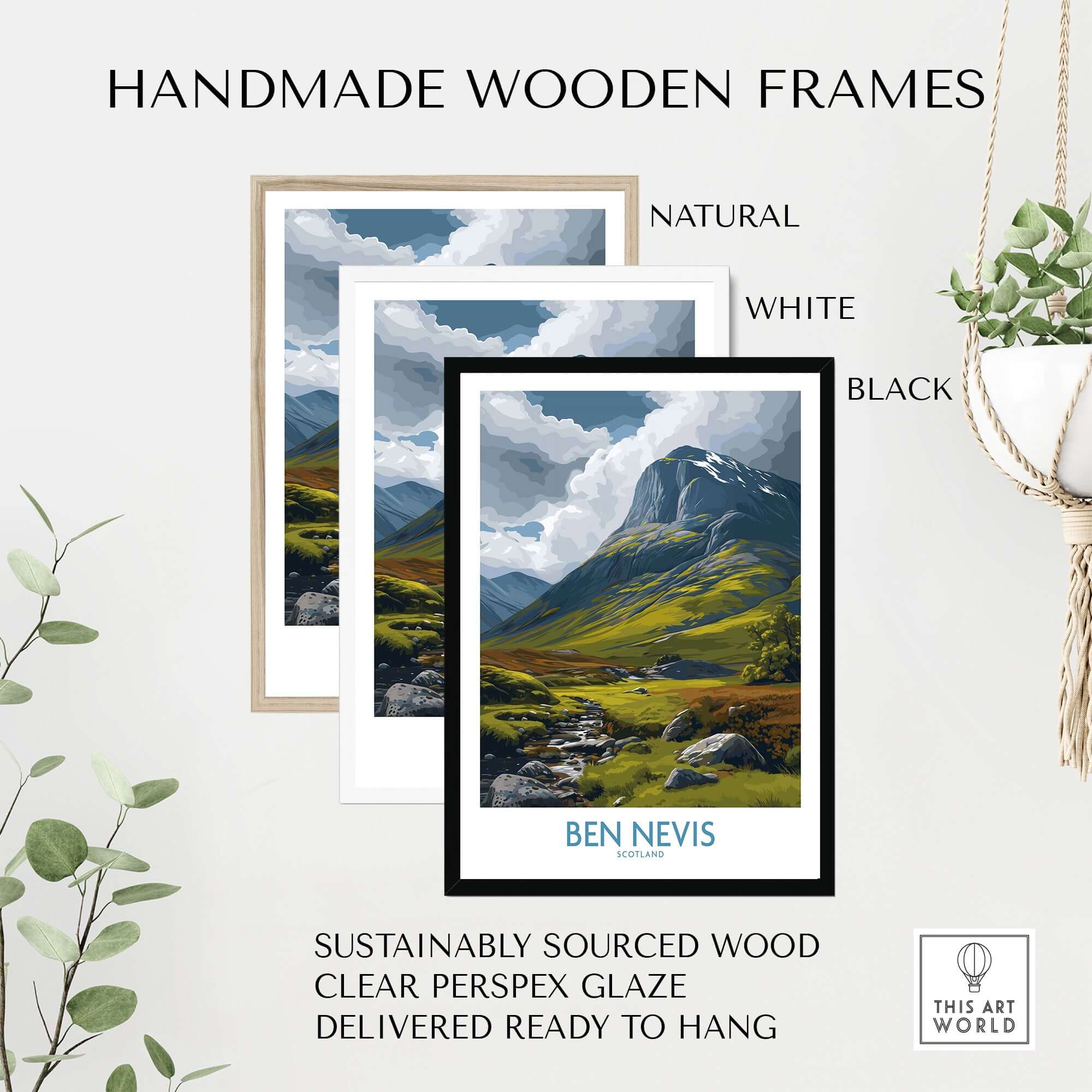 Ben Nevis Scotland Wall Art Hillside Panorama - Nature Travel Decor showcased in handmade wooden frames.