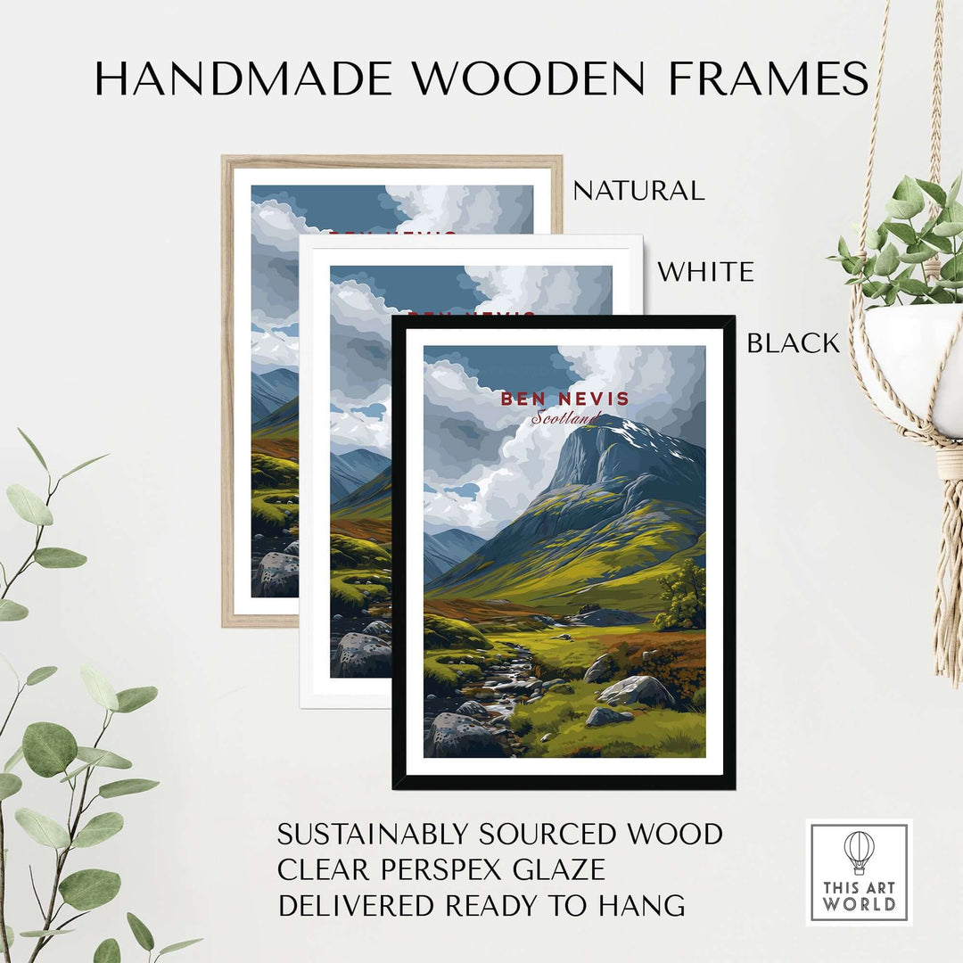 Handmade wooden frames for Ben Nevis art print in natural, white, and black finishes, ready to hang.