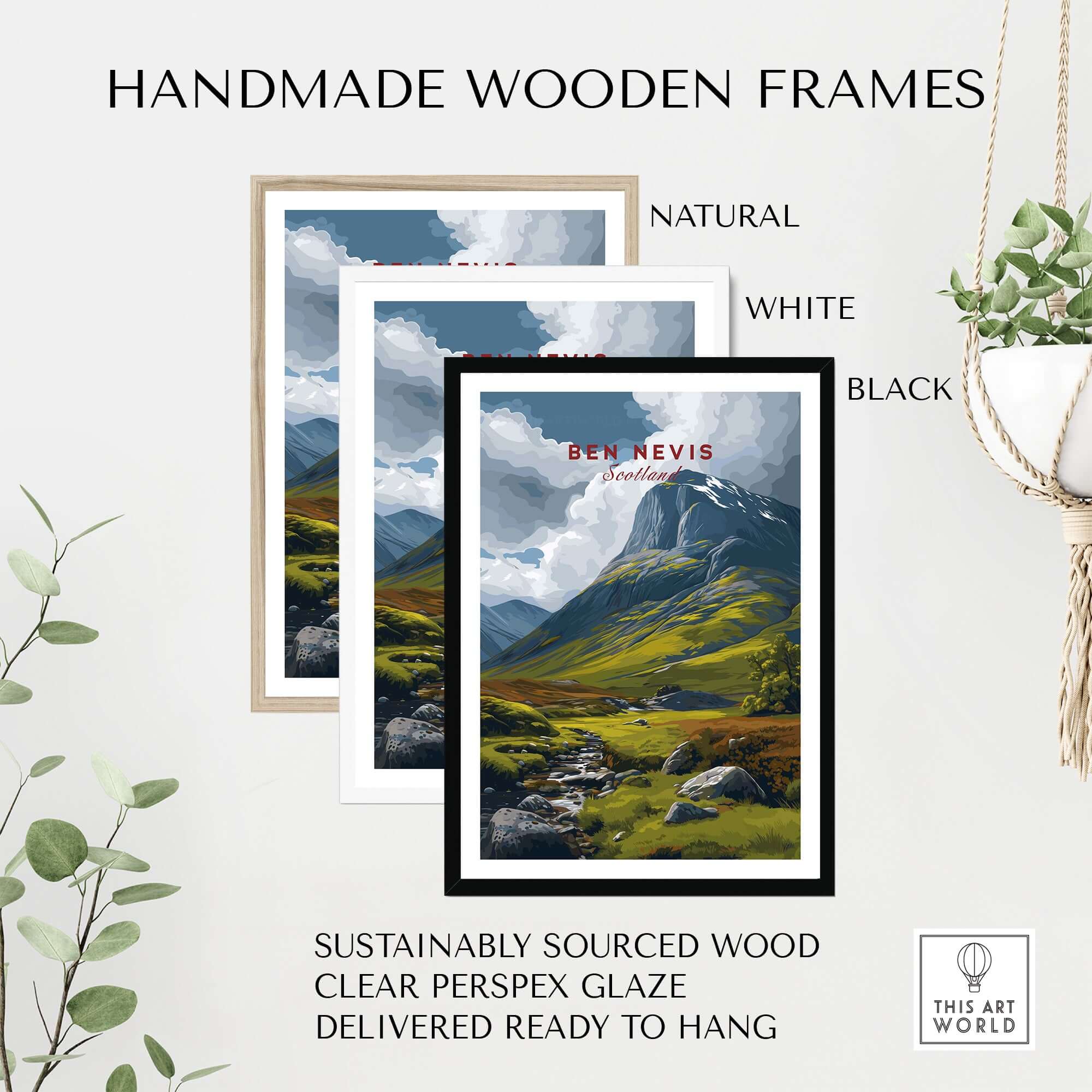 Ben Nevis Scotland Art Print Stream & Mountain - Rugged Scottish Landscape Poster framed in natural, white, and black wooden frames.