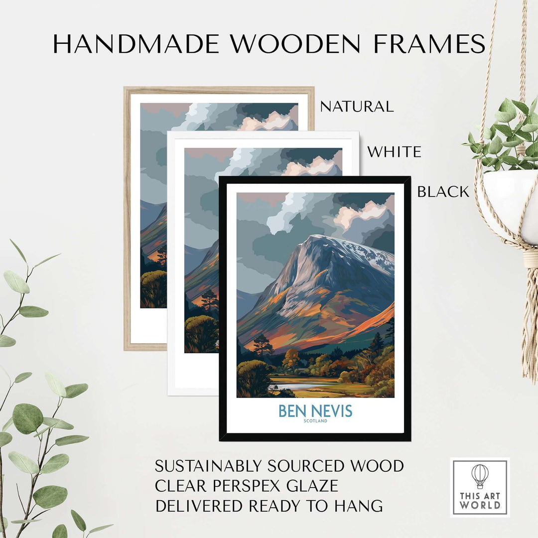 Handmade wooden frames in natural, white, and black for Ben Nevis landscape artwork, sustainably sourced and ready to hang.