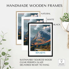Handmade wooden frames in natural, white, and black for Ben Nevis Scotland Cloudy Peak Landscape Print - Scottish Artwork Gift.