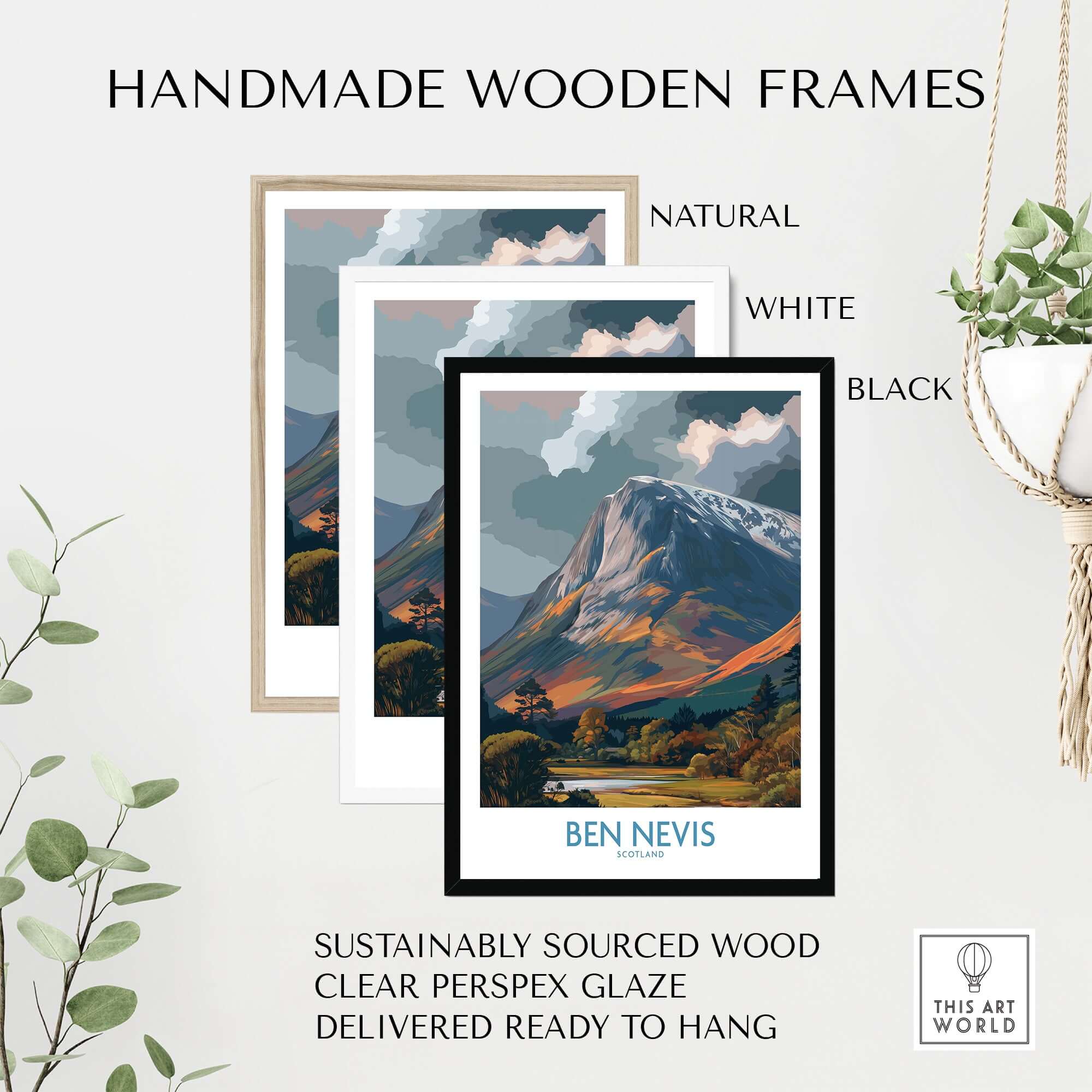Handmade wooden frames in natural, white, and black for Ben Nevis Scotland Cloudy Peak Landscape Print - Scottish Artwork Gift.